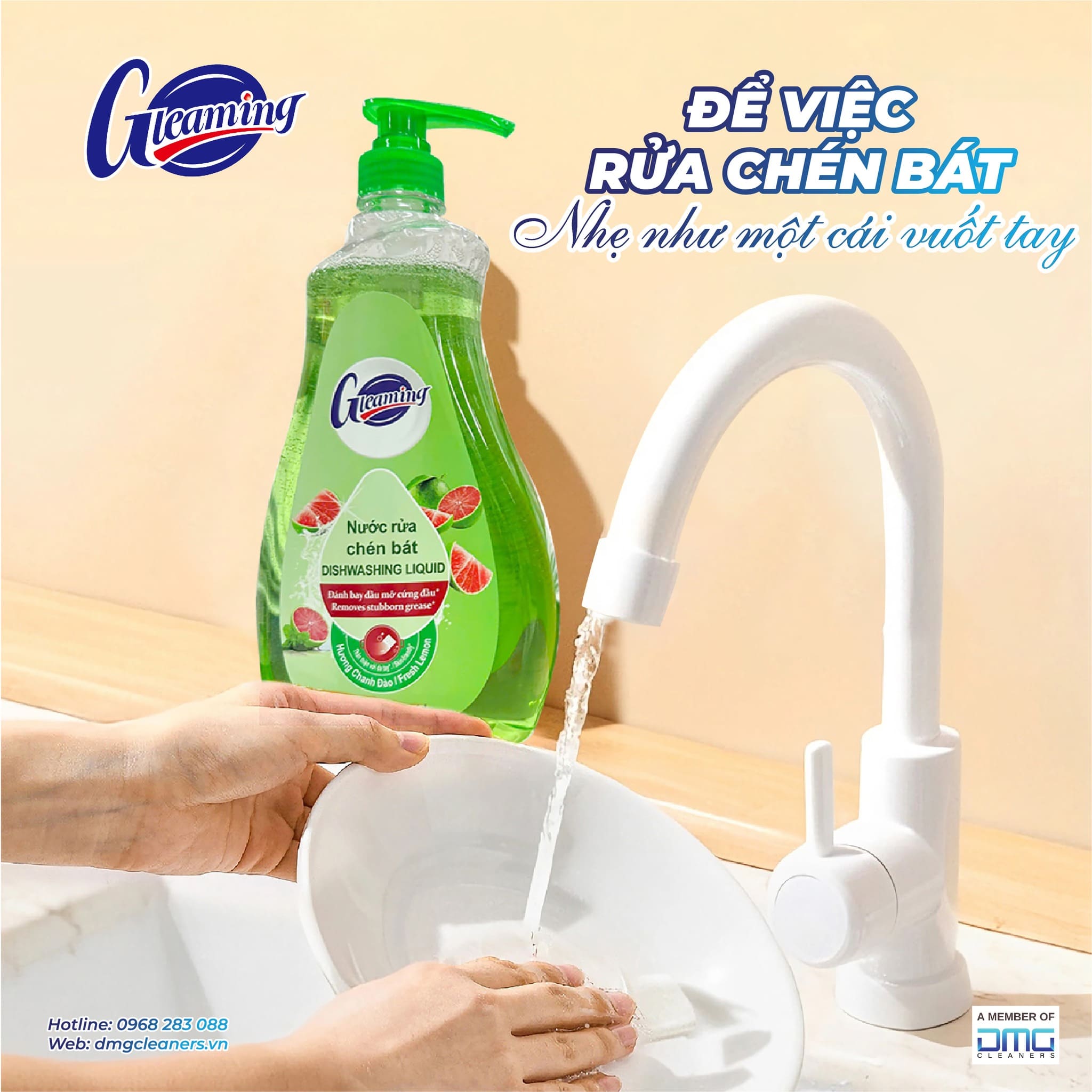 Nước rửa chén bát Gleaming - sạch sâu, dịu nhẹ, an toàn cho da tay và môi trường