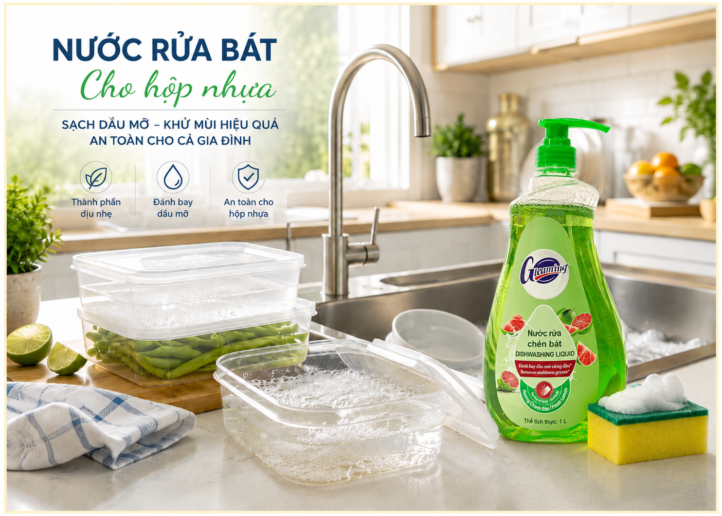 nước rửa bát Gleaming – Giải pháp làm sạch hộp nhựa