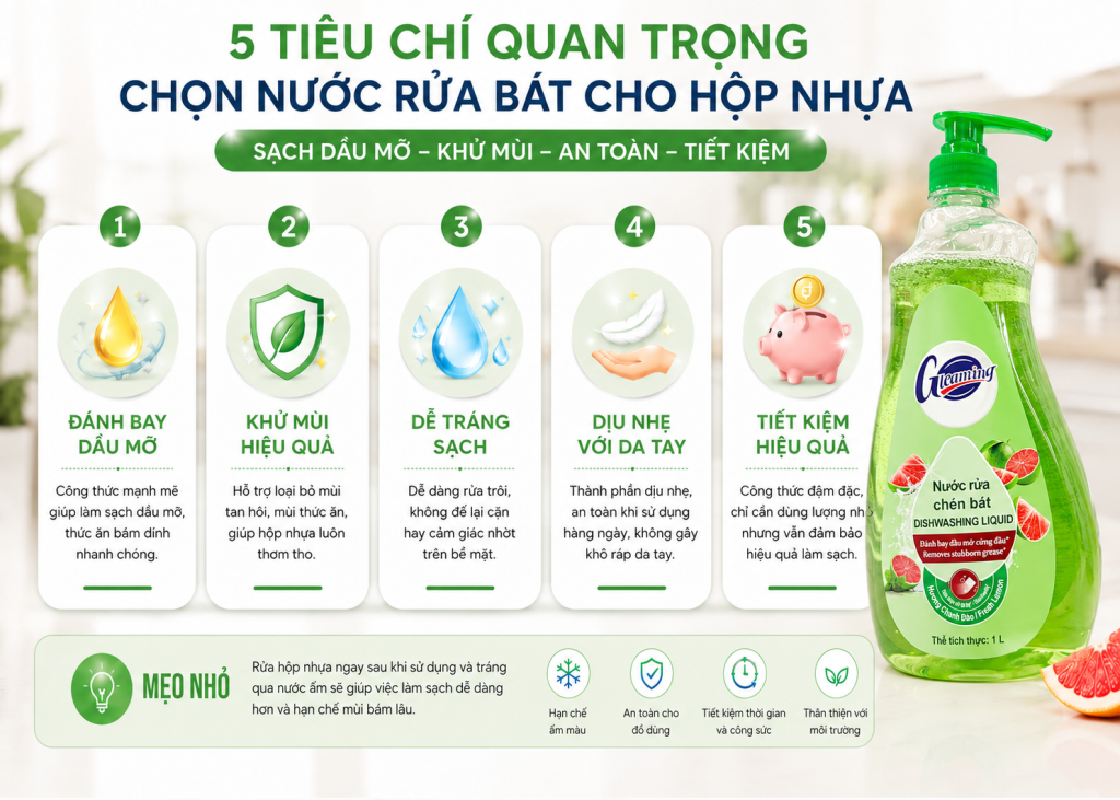 Tiêu chí lựa chọn nước rửa bát cho hộp nhựa