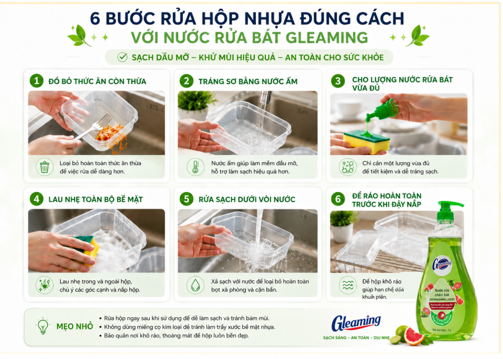 Hướng dẫn rửa hộp nhựa đúng cách bằng nước rửa bát