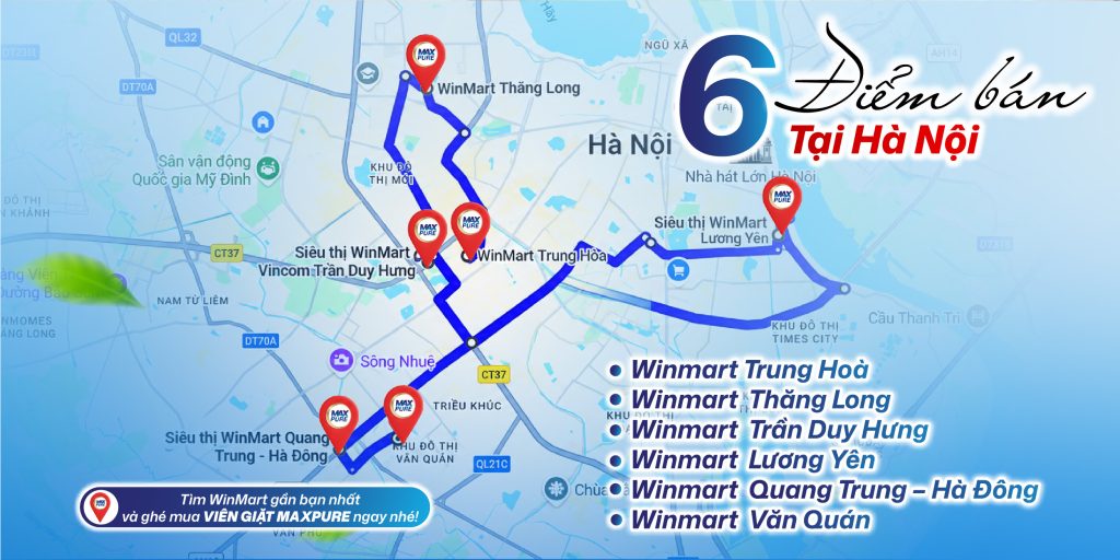 danh sách 6 WinMart có MaxPure và Evershine tại Hà Nội.